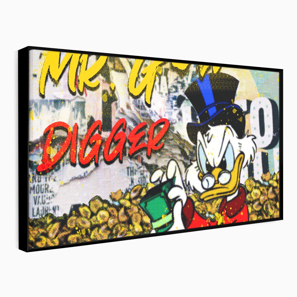 Tablou canvas cu tablou canvas cu scrooge mcduck si bani, in rama de aluminiu negru